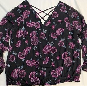 Torrid Size 2 Purple & Black Lined Bodice, Sheer Arms 3/4 Sleeve, Elastic Waist